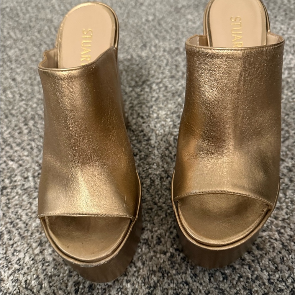 Stuart Weitzman Rose Gold Mules with Chunky Platform